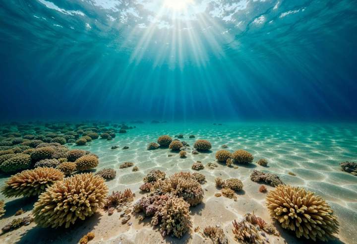 underwater scene with coral reef sun rays 11zon